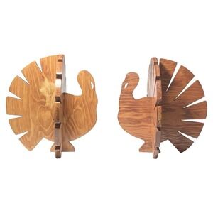 1970s Pair of Oak Wooden Collapsing Turkey Centerpiece Decor 8”